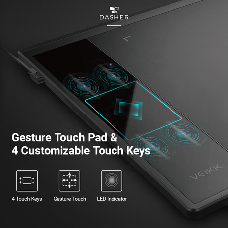 Tablet touch keys and gesture touch pad area with LED indicator, dark finish