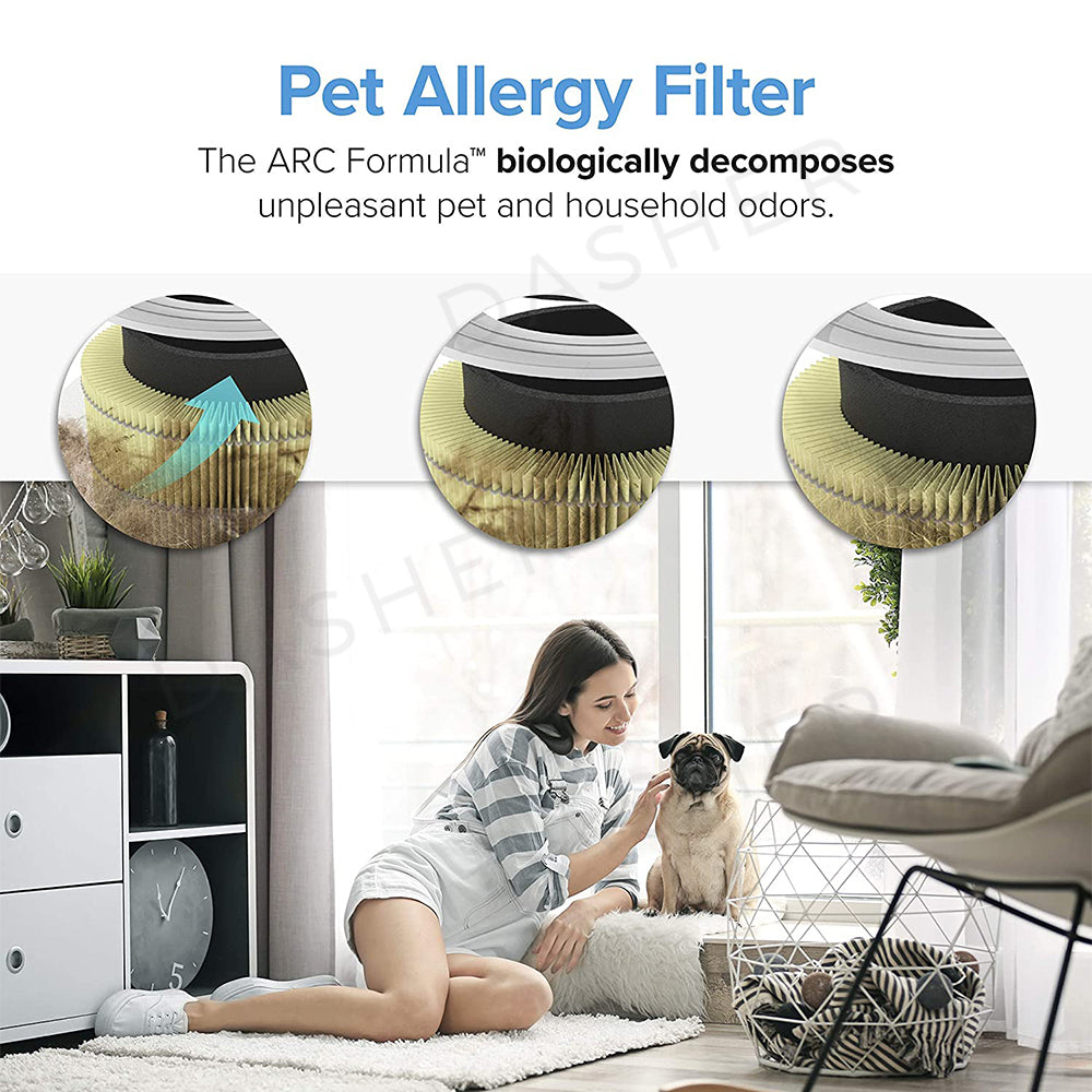 Pet allergy filter close-up with yellow pleated media and black center opening.