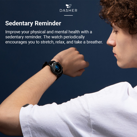 Black smartwatch worn on wrist, round screen with blue UI ring