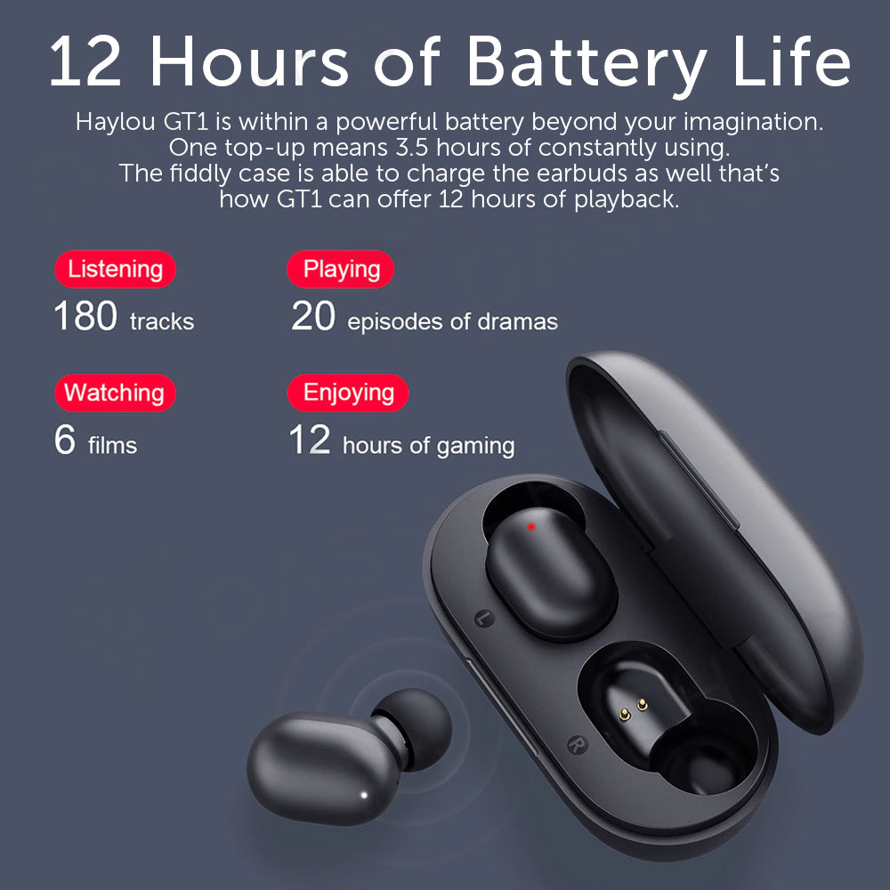 Battery life graphic showing GT1 earbuds and charging case, 12 hours text visible