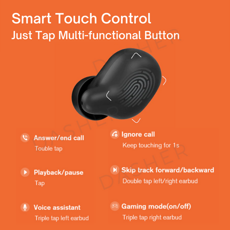 Black wireless earbud showing touch-control area