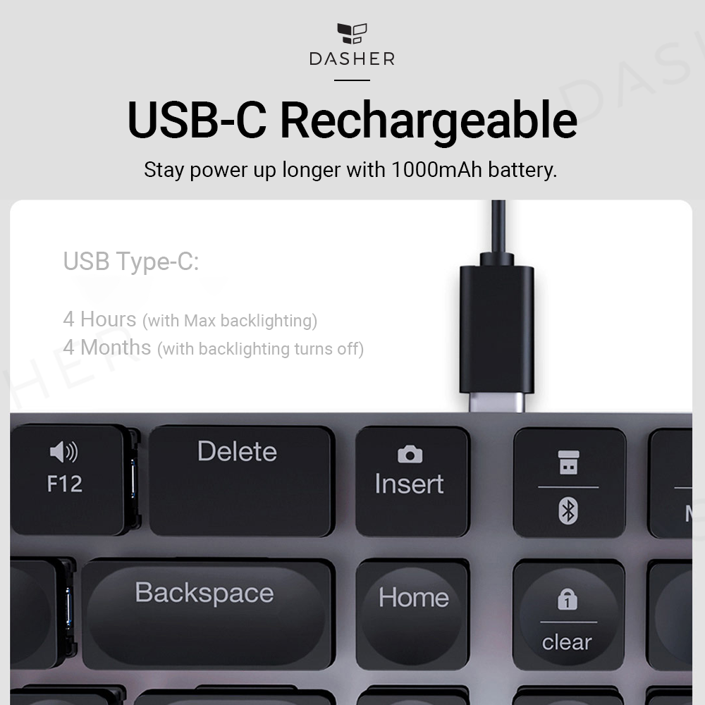 Miiiw K10 USB-C rechargeable keyboard, close-up of key row and charging port