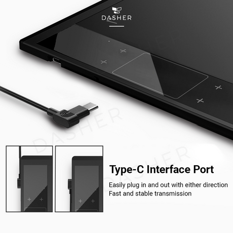 Tablet Type-C interface port with attached cable, dark edge