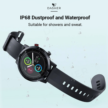 Black smartwatch with round face and silicone band, angled side view
