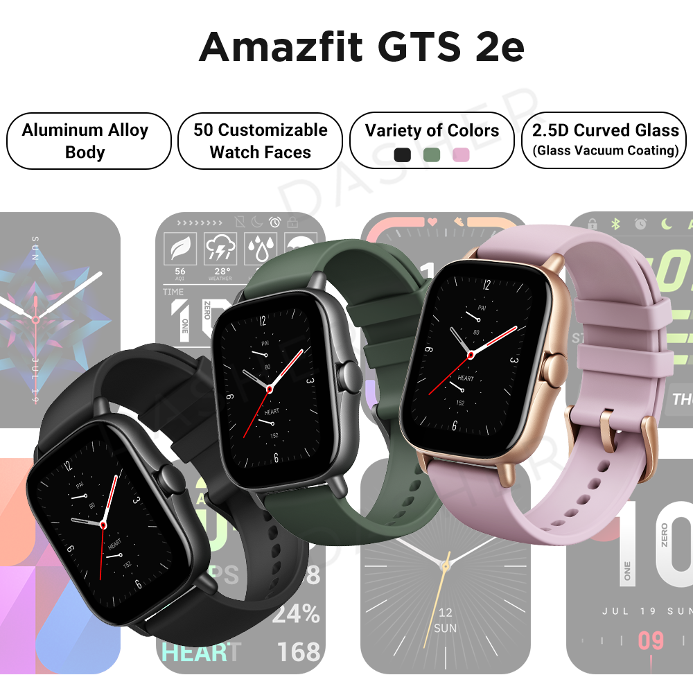 Amazfit GTS 2E smartwatch lineup in Obsidian Black, Moss Green, and Lilac Purple