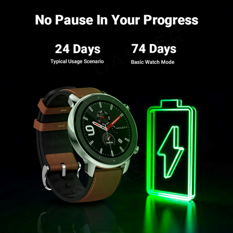 Amazfit GTR smartwatch with brown leather strap, silver case, green battery icon
