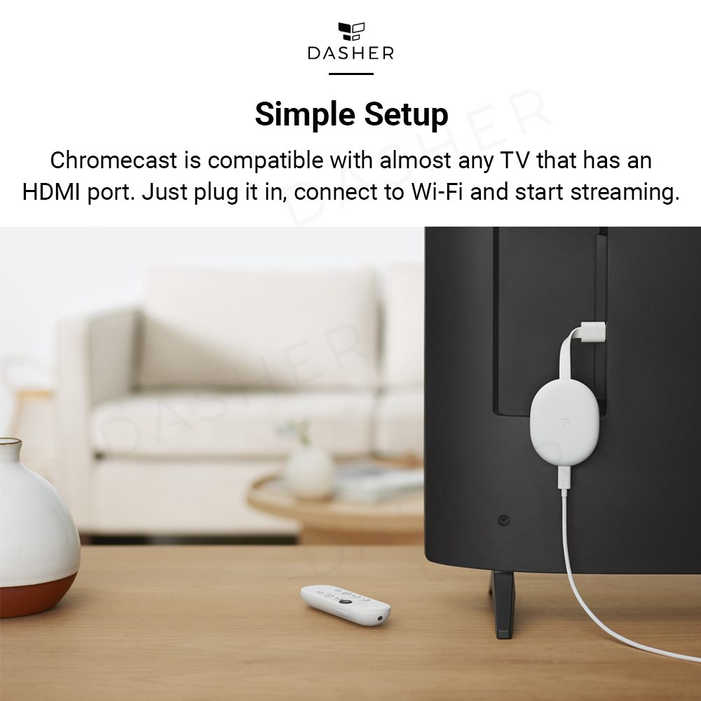 Chromecast-Dongle im HDMI-Anschluss mit weißer Fernbedienung, einfaches Setup