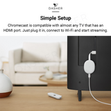 Chromecast-Dongle im HDMI-Anschluss mit weißer Fernbedienung, einfaches Setup