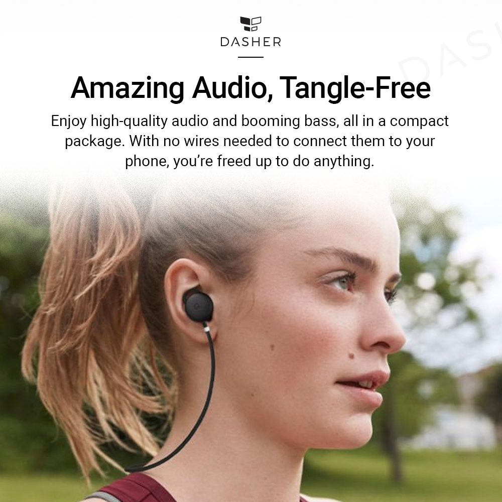 Black wired earbuds in an ear with cable hanging down
