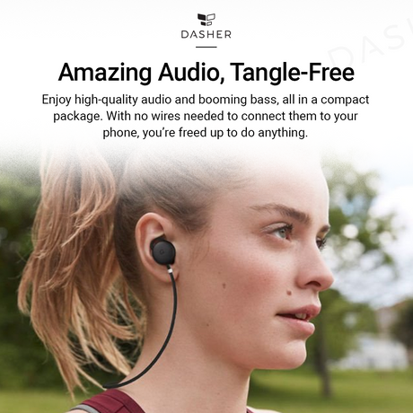 Black wired earbuds in an ear with cable hanging down