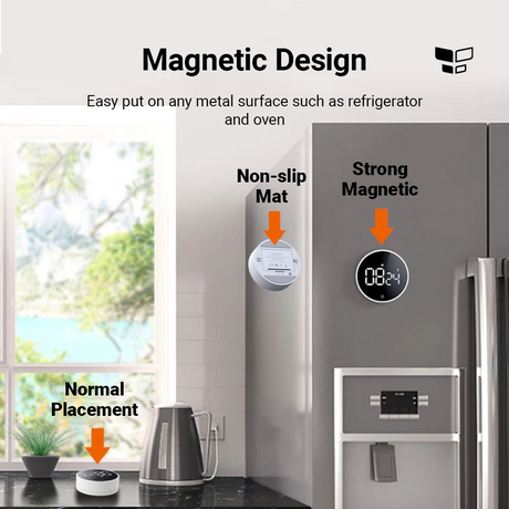Magnetischer Timer, an Metalloberfläche befestigt, schwarzes LED-Display mit M/S