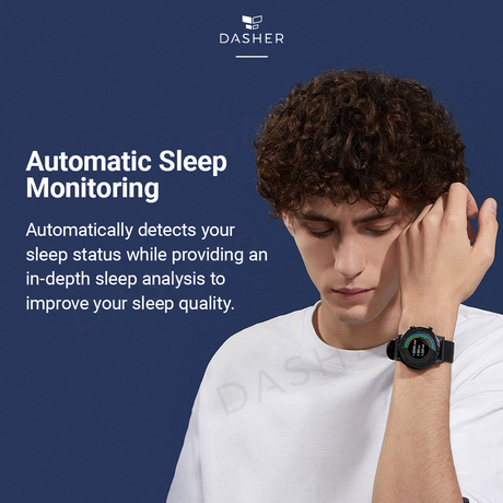 Black smartwatch worn on wrist, round display visible on upper arm
