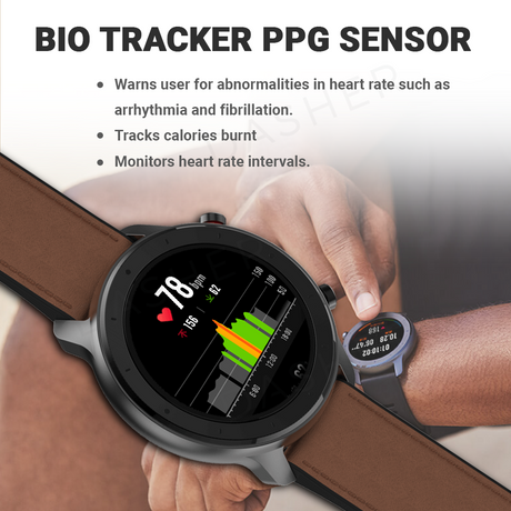 Amazfit GTR smartwatch on wrist with brown leather strap and black heart-rate display