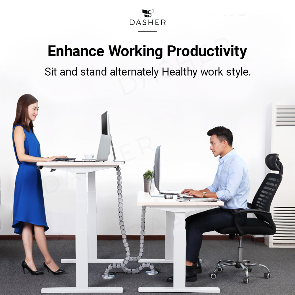 Height adjustable desk with dual legs in alternate sit-stand heights