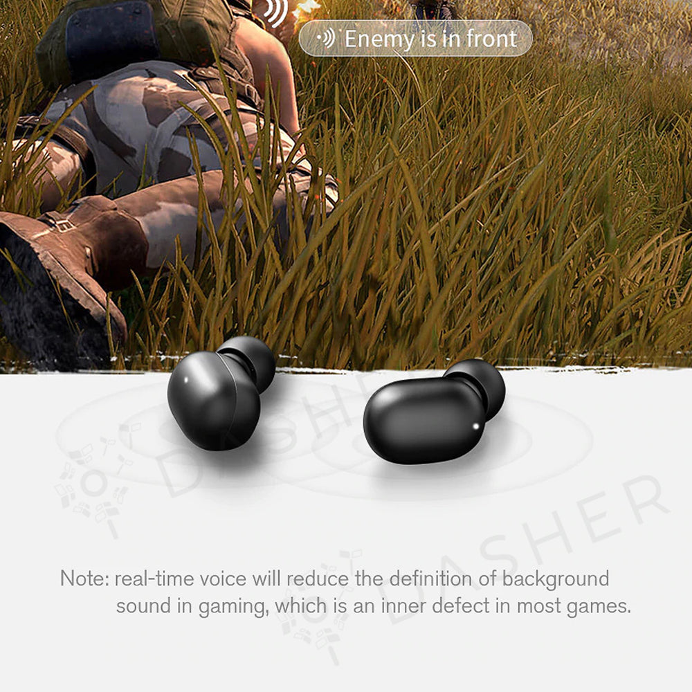 Gaming audio feature graphic with two black GT1 earbuds on charging base
