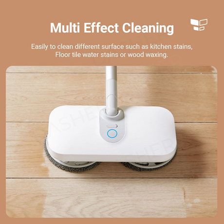 Cordless electric mop head with two microfiber pads on wooden floor