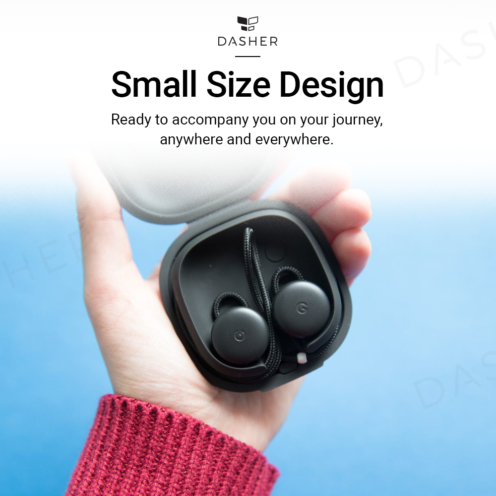 Black wired earbuds inside a charging case held in a hand