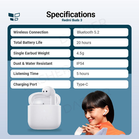 Redmi Buds 3 specs layout with earbuds and charging case shown