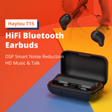 Haylou T15 wireless earbuds above open charging case with two earbuds
