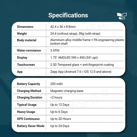 GTS 3 specifications card with dimensions, display, water resistance, and battery details