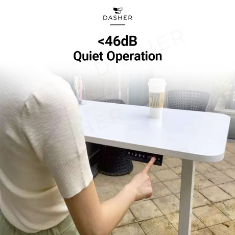 Quiet height adjustable desk showing underside control panel and smooth tabletop