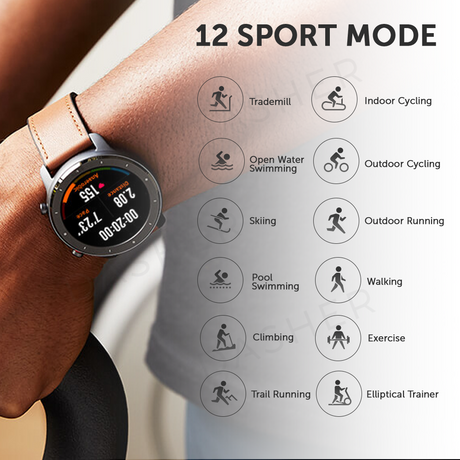Amazfit GTR smartwatch with brown leather strap and sport mode icons on screen