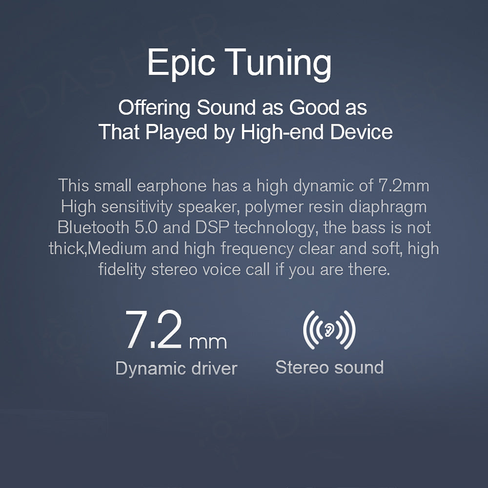 Sound quality graphic: GT1 earbuds with stereo sound and 7.2mm driver callouts