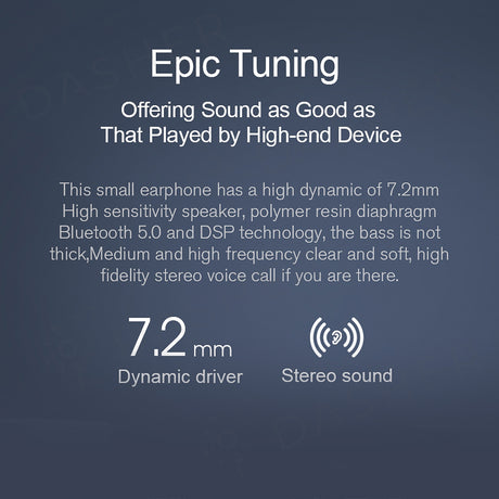 Sound quality graphic: GT1 earbuds with stereo sound and 7.2mm driver callouts