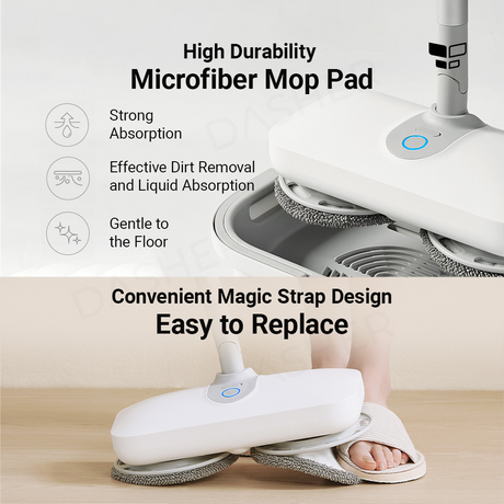 Microfiber mop pad close-up with snap strap for easy replacement