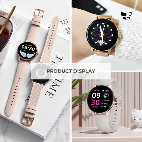 Lady Smart Watch L11 product display: light pink silicone and gold-tone mesh straps