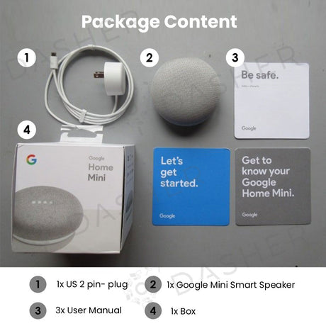 Mini Smart Speaker kit with speaker, power cable, and box