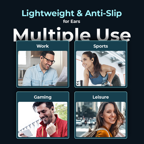 Werbegrafik mit Text „Multiple Use“ und Szenen für Arbeit, Sport, Gaming, Freizeit