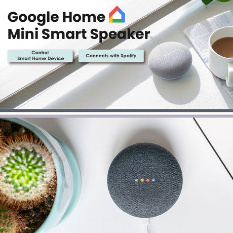 Google Home mini smart speaker in chalk, front-top view with status lights