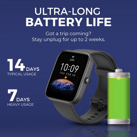 Smartwatch mit schwarzem Armband, Display und seitlichem Bedienelement