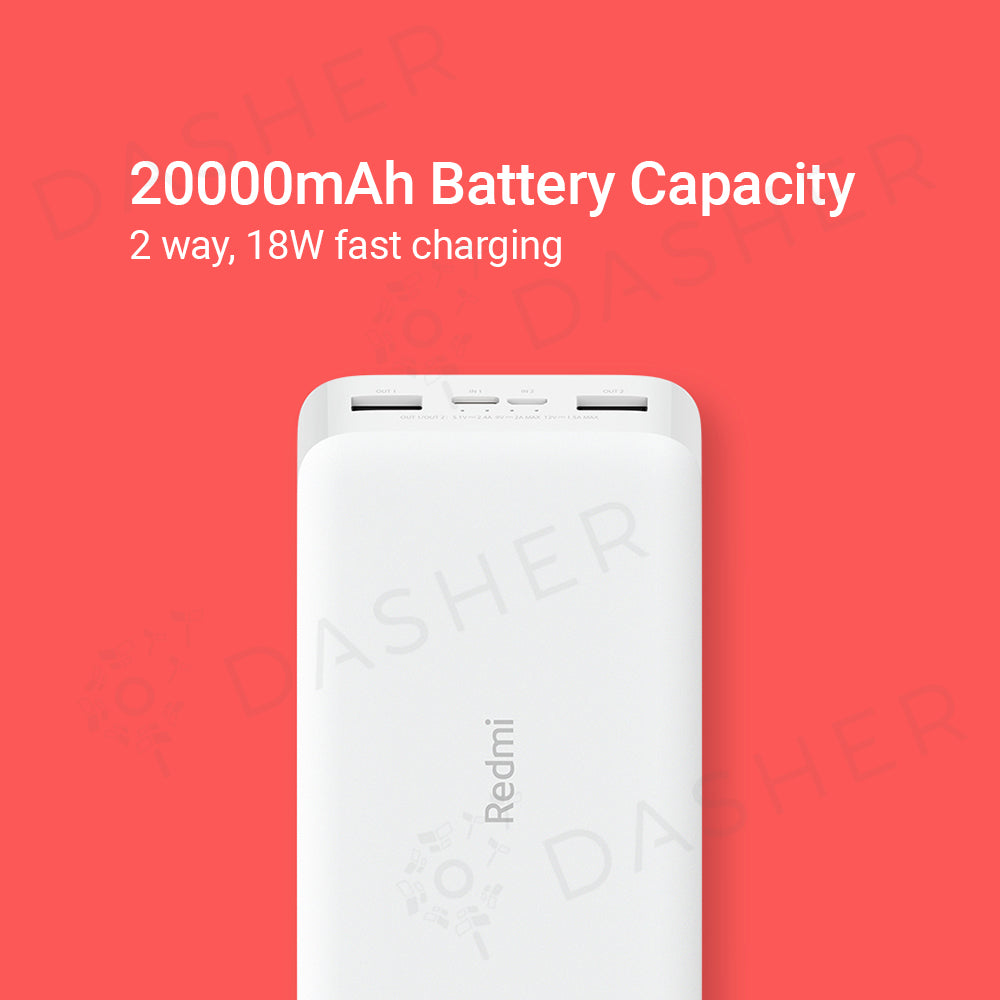 20000mAh power bank, white front face with top ports visible