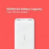 20000mAh power bank, white front face with top ports visible