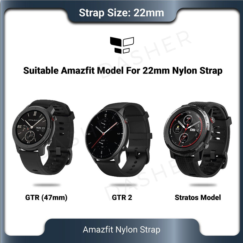 22mm Nylon-Uhrarmband mit Befestigungsschlaufen, Schwarz, passend für Amazfit