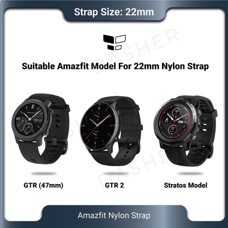 22mm Nylon-Uhrarmband mit Befestigungsschlaufen, Schwarz, passend für Amazfit