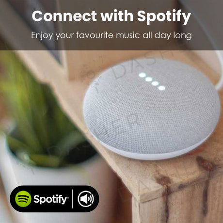 Mini smart speaker in chalk with glowing light indicators on top