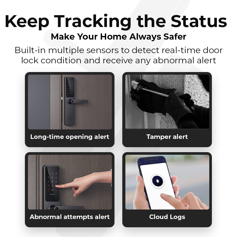 Smart door lock A100 showing keypad, handle, and status alert cards