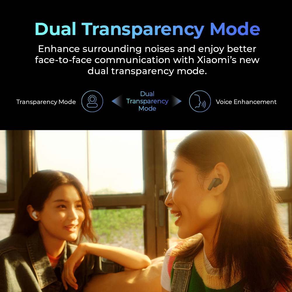 Redmi Buds 4 Pro earbuds showing dual transparency mode feature graphic