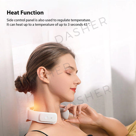 Neck massager with heat, white collar strap and side temperature control panel