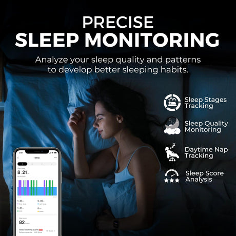 Smartwatch mit Sleep-Analyse auf dem Display, schwarzes Armband