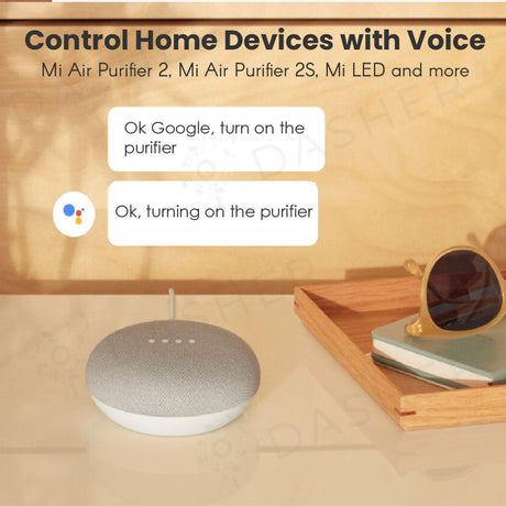 Mini smart speaker in chalk, front view with small top light dots