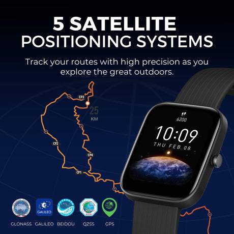 Smartwatch mit schwarzem Armband, Uhranzeige auf dem Display