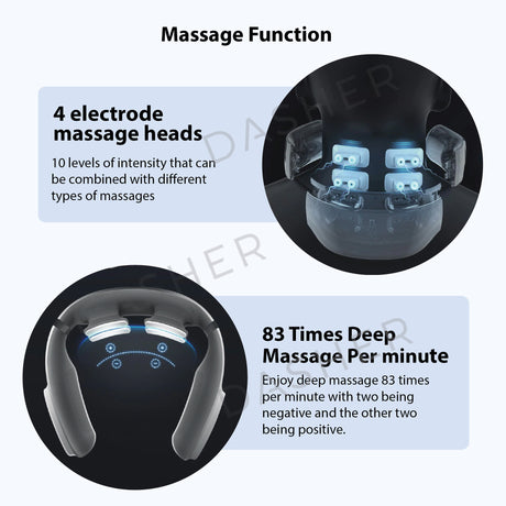 Neck massager with 4 electrode massage heads and 10 intensity levels on control panel