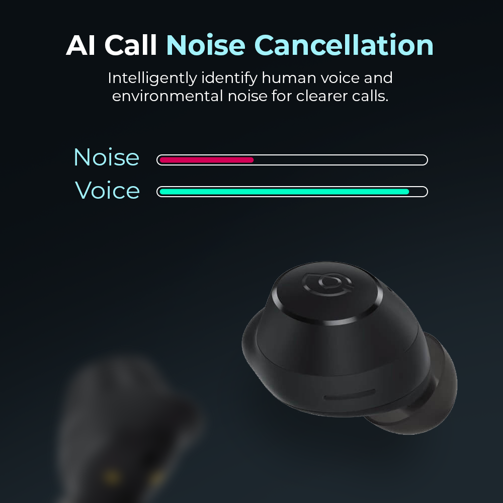 Black earbud floating above graphic for AI call noise cancellation, single earbud view