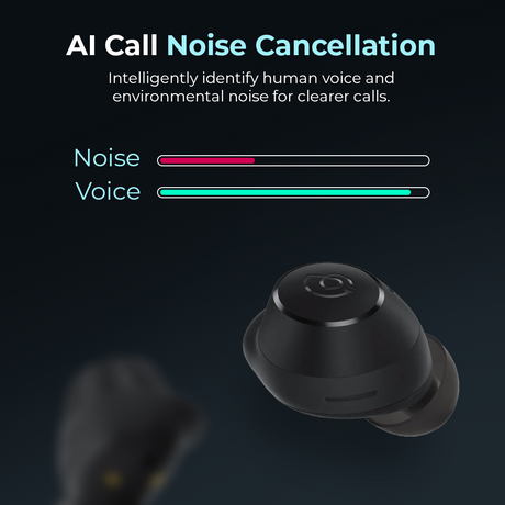 Black earbud floating above graphic for AI call noise cancellation, single earbud view