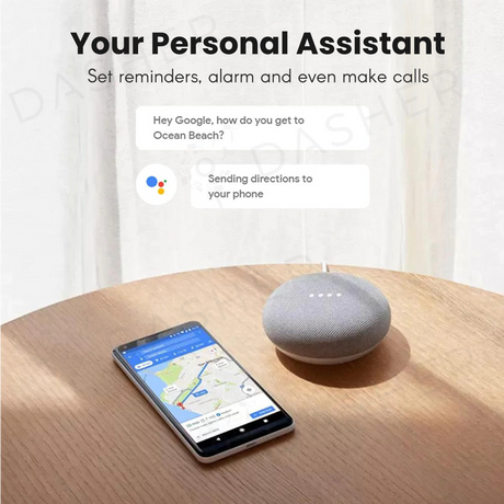 Mini smart speaker in chalk on round base, top lights visible