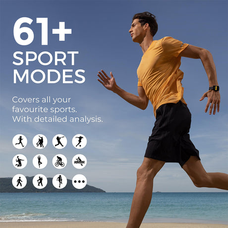 Smartwatch am Handgelenk, schwarzes Armband, Sportmodus-Symbole